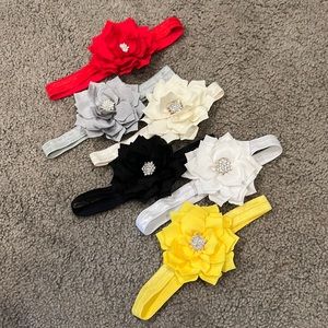 Set of 6 Rhinestone Flower Hair Bows Stretchy Headbands